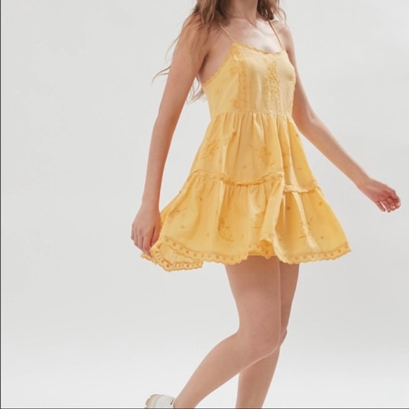 Urban Outfitters Embroidered Yellow Tiered Ruffle Dress - Dresses